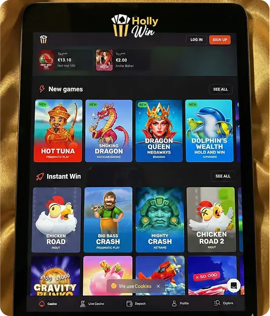 HollyWin Casino Online mobile version on tablet