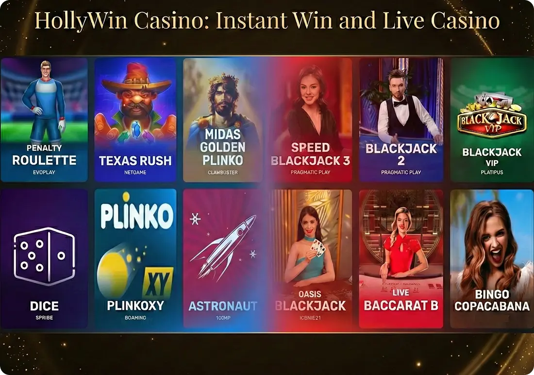 HollyWin games with instant win feature and live casino