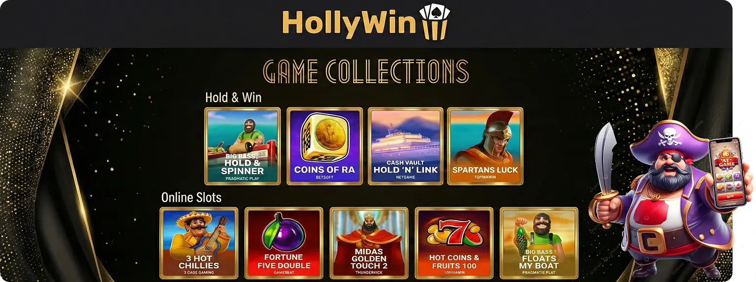 HollyWin Australia collection of games with online slots, live casino, and table games